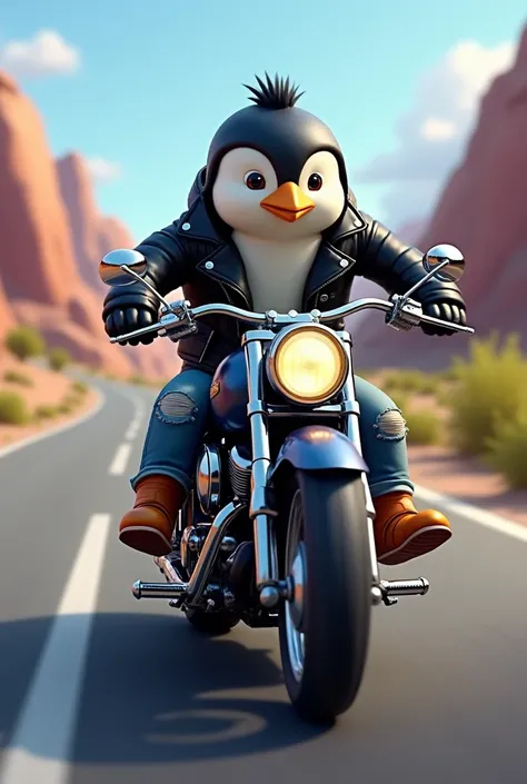 Animated cute rocker penguin riding a dark blue chopper motorcycle on a road and text "Penguin" in Spanish 