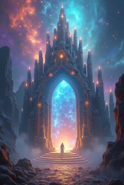 dragon portal stargate on a floating  crystal temple in a nebula of color