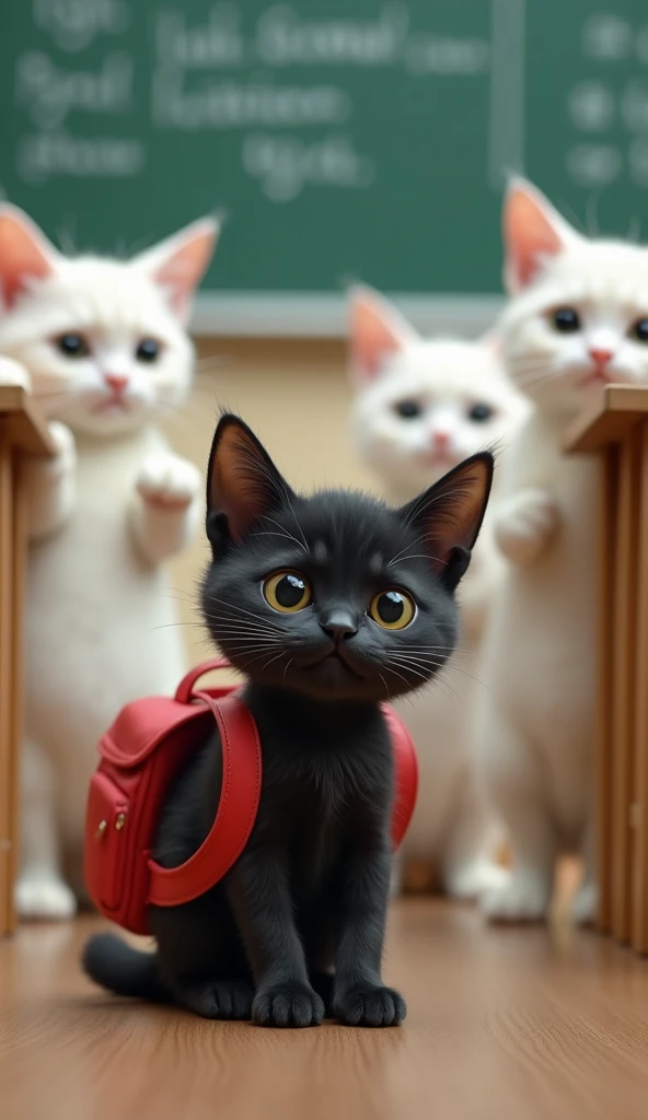 The small cute adorable black cat stands awkwardly near a classroom, still wearing its red school bag. Surrounding it, a few white cats laugh and point, whispering to one another. The black cat looks confused and hurt, its ears drooping slightly.