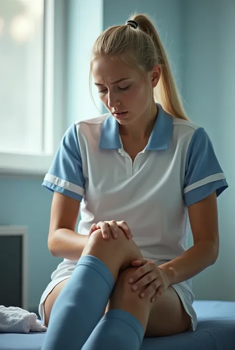 A blonde female soccer player whit tie hair wearing a soccer jersey and high thigh socks. She is sitting in a examination table, and crossing her legs in a doctor office. She is worried and she is scratching her legs 