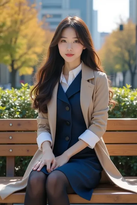 Beautiful Japanese woman with long, flowing dark brown hair, wearing a navy blue tailored vest and skirt, paired with a white blouse and a beige trench coat. She is sitting on a wooden bench, styled with black tights for a polished look. The background fea...