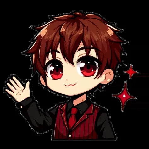  Illustrated Twitch sticker for a boy only head and shoulders Chibi anime style, red eyes,brown hair,a set of black suit with red vest, That in your hands you have a gift opening