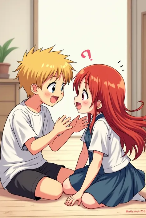 A manga comic of a blond boy and a girl with red hair playing on the floor