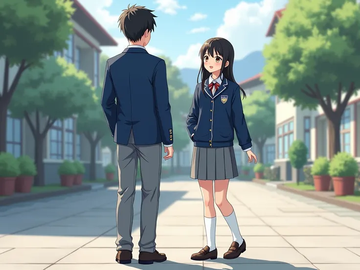 TWO STUDENTS BOY AND GIRL IN UNIFORM GRAY SKIRT AND GRAY PANTS AND BLUE BUSO 