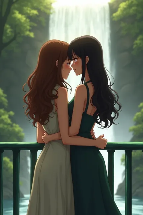  there are two girls who are hugging each other around the waist and looking forward , To my camera .  The background of the image is a waterfall that is barely visible and a green railing .  One of them girls has very long hair that reaches the height of ...