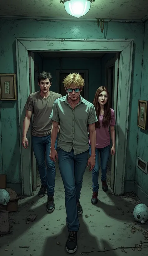 Comic Stil, 3 people with fair skin, 2 men and 1 woman ,  1 man blond hair and blue eyes with black glasses,  1 man black hair and brown eyes ,  1 woman with long brown hair and green eyes , creepy,  come down , abandoned house, Ghosts, 