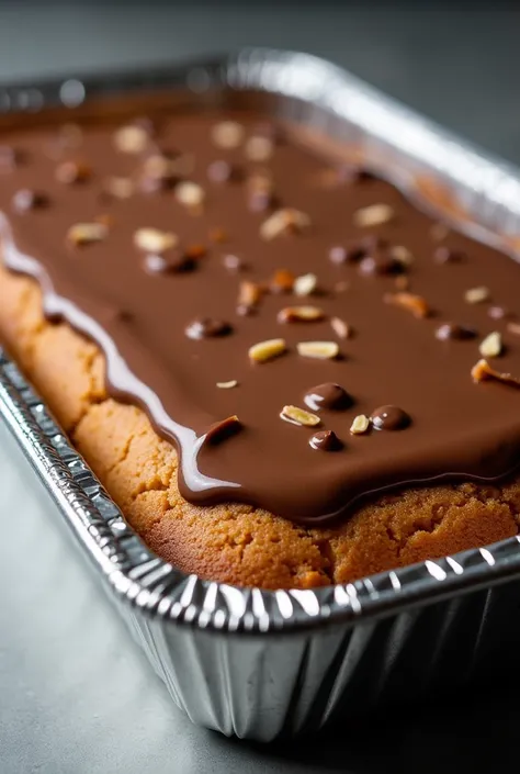 A banana cake with chocolate icing in a rectangular aluminum bowl 
