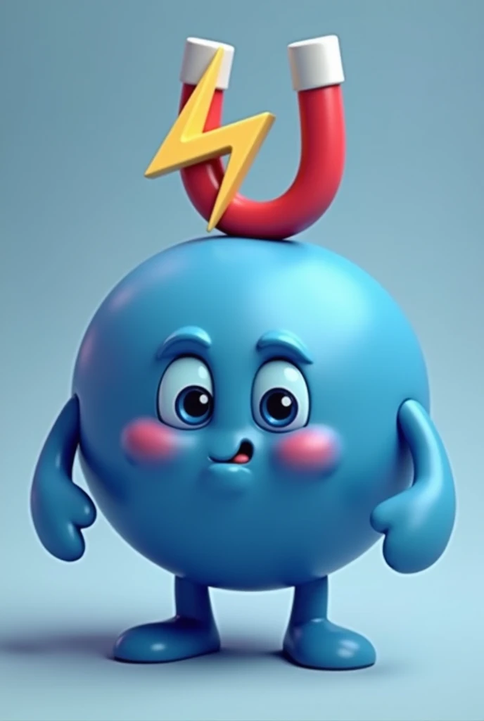 Create a picture of a blue ball with two large hands and feet. , Gentle eyes, Thats cute in the cartoon.  ,  has a lightning symbol with a red blue horseshoe magnet symbol on the head. 