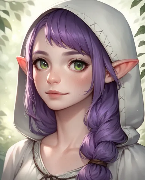 a result_9, a result_8_higher, a result_7_higher, cute_pattern, close-higher, Portrait, dwarf, pointy ears, purple hair, long hair, Green eyes, A blouse with a white hood ,  one girl, Alone,  looks at the viewer  