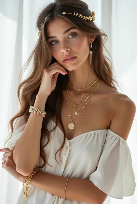  Beautiful girl with long hair, bohemian dress, holding accessories such as necklaces and bracelets with the name Boutique Femme in medium and in the center ,  that the letters are in gold that the background of everything is in white and that the accessor...