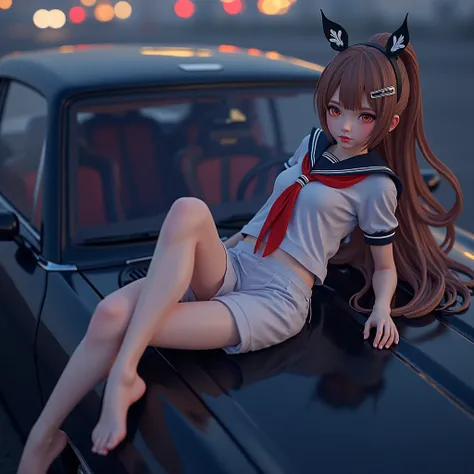 Realistic, Live-Action, (XLabs F.1 Realism LoRA V1), ExtremeAngle, ExtremelyDetailed JK Lying  on the Car,  Spread Knees Up, Haunting Beautiful Reflective Eyes, Coronet, Delicate Clothing textures, Sailor Uniform with Red Ribbon, WhitePanties, corrected le...