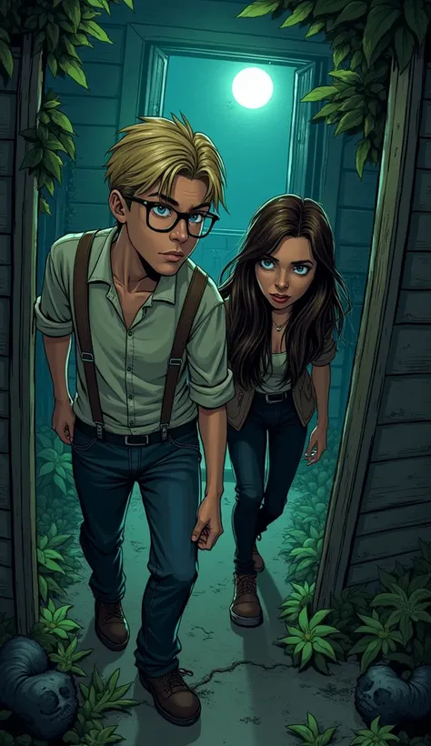 Comic Stil, 2 men and 1 woman ,  1 man blond hair and blue eyes with black glasses,  1 man black hair and brown eyes ,  1 woman with long brown hair and green eyes , creepy,  leaving house ,  come down , Overgrown ,  ghosts hunt , 