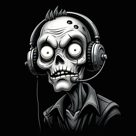 zombie with headset, funny face, black background, black and white image, vector