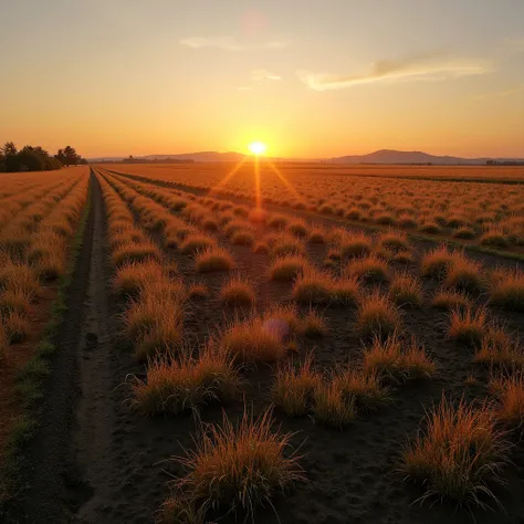 A realistic image in landscape mode from an aerial view of a piece of rural land without any construction in the United States.  The photo shows the sunset and the soil of the Earth is not so perfect, He has some pieces of grass half sunburned .