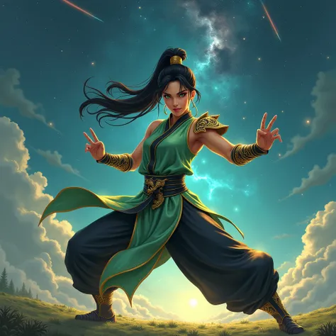 professional digital illustration of a martial artist. She is an athletic Asian woman with golden-toned skin, sharp green eyes, and long black hair tied in a high ponytail. She wears a jade-green sleeveless one-piece tunic with gold trim, a black belt feat...