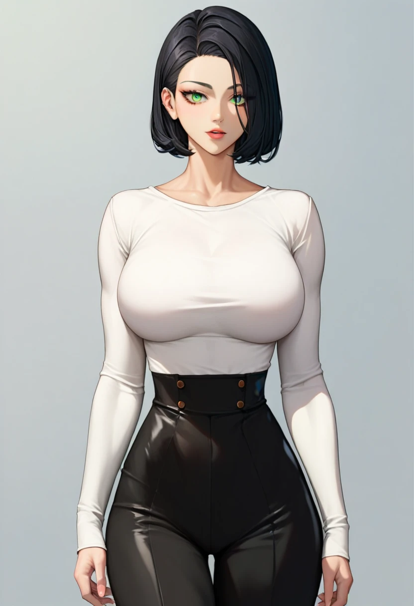 score_9, score_8_up, score_7_up, source_anime, best quality, clear face,cool girl, black hair, green eyes, medium hair, large breasts, perfect body,black pants,plain white shirt,dimple design,straight hair,serius, sexy