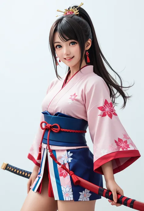 (((masterpiece))),(((highest quality))),White background, Adorable and cute smile, Illustration with a touch of modern Japan, Dynamic pose, Cute and beautiful Japanese like an idol, cowboy shot, Thighs, Look at viewer, Stunning face, Brightly lit studio sh...