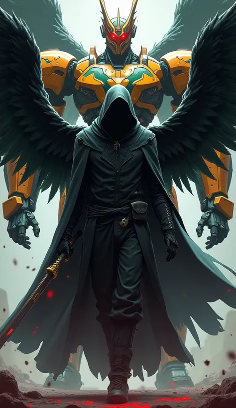 A mysterious geng black-robed anime character holding a sword and black wings, looking at the camera, the camera is curved, stepping forward with determination, eyes glowing red, and a black aura around the mans body, with a giant robot behind him, The rob...