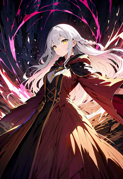 extremely detailed CG, high resolution, best quality, masterpiece, single woman, silver hair, braided hair, light yellow eyes, (beautiful detailed eyes: 1.4). She has medium breasts and long legs. She is a wizard. She is wearing a beautiful wizard outfit. ...