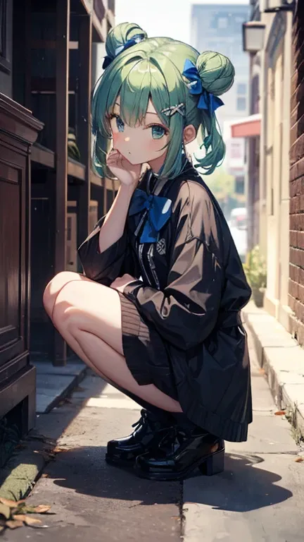 bluerushia, green hair, double bun, short hair, blue bow, hair ornament, 
full body,