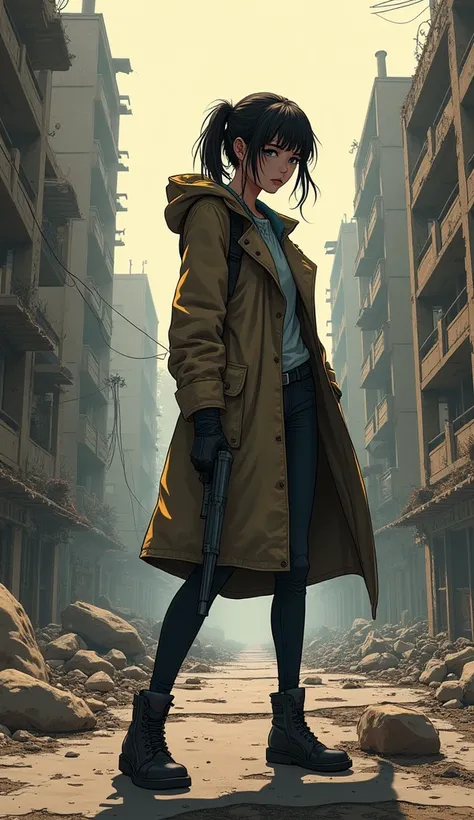  Comic book cover where the main protagonist is a girl ,  he has a large jacket that reaches his knees ,  tied hair , a gun in hand, He is in a post-apocalyptic city ,  the buildings are destroyed and there is a giant crack crossing the roads