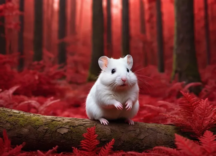 (masterpiece, best quality:1.2), realistic white Hamster , in the ancient forest,  in a red dream world, red forest, in a red forest, amazing depth, red mood in background, shades of red, photography