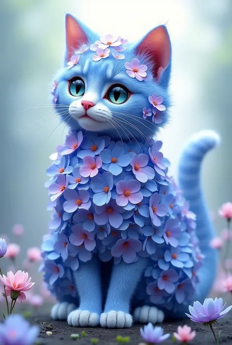 A cat made of hydrangea flowers
