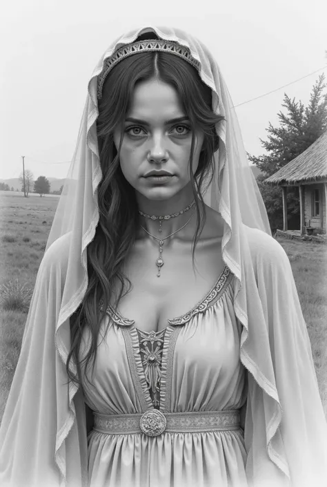 Create an image of the bride from a blood wedding  ,  that looks like a pencil drawing and the bride looks rural , in profile and full body