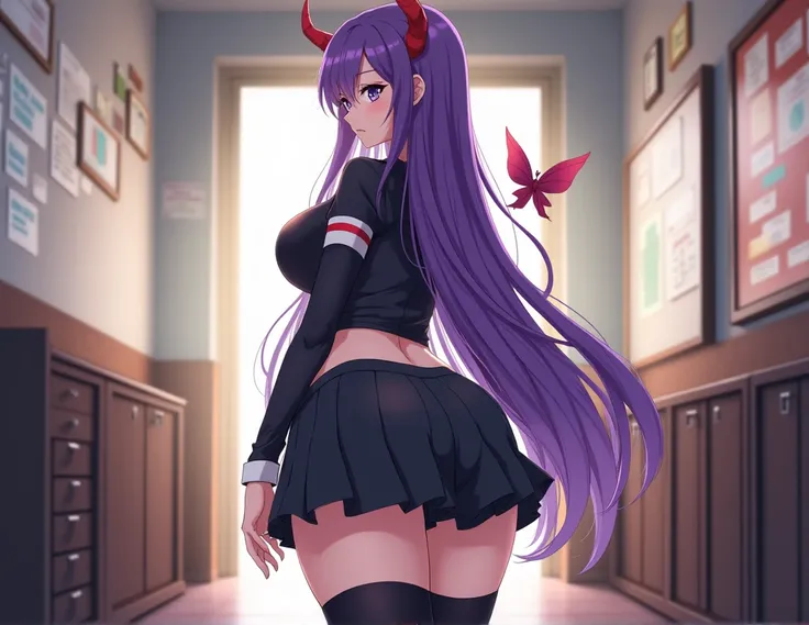  A tall girl with long purple hair with emerald eyes with a large face,  with a slender body and a big butt . She has 1, 90m and she designs in anime style to do it with school clothes by Isekai .  She persists to be very attractive because she is a succub...