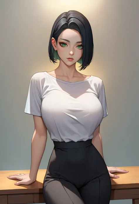 score_9, score_8_up, score_7_up, source_anime, best quality, clear face,cool girl, black hair, green eyes, medium hair, large breasts, perfect body,black pants,plain white shirt,dimple design,straight hair,serius, sexy