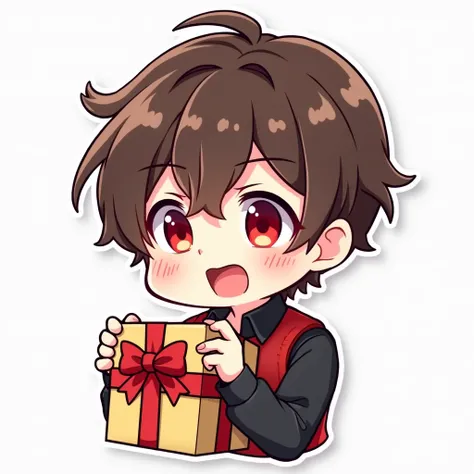  Illustrated Twitch sticker for a boy only head and shoulders Chibi anime style, red eyes,brown hair, a set of black shirt with red vest, Queen your hands have a gift opening 