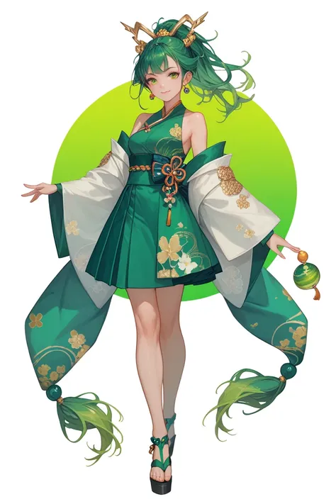 japanese girl, anime girl, jade dragon girl, white background, full body, green red and white color palette