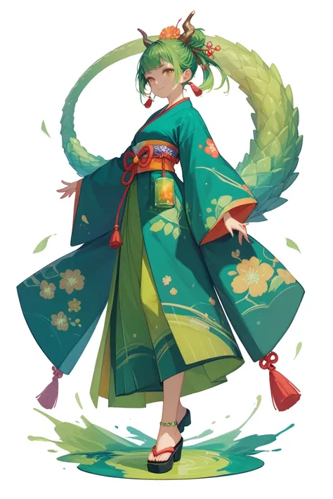 japanese girl, anime girl, jade dragon girl, white background, full body, green red and white color palette