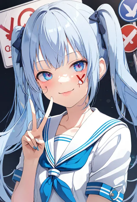   Beauty ,    1 girl,    raise your face ,   Attractive body , ＪＫ, (((   Light Blue Hair  :1.2,     long twin tails on the side of the face  ))),    sailor suit  , ((  Sign language  , V sign on the side of the face  :1.6)),    very pretty face   , Lip det...