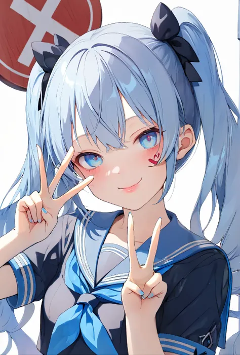   Beauty ,    1 girl,    raise your face ,   Attractive body , ＪＫ, (((   Light Blue Hair  :1.2,     long twin tails on the side of the face  ))),    sailor suit  , ((  Sign language  , V sign on the side of the face  :1.6)),    very pretty face   , Lip det...