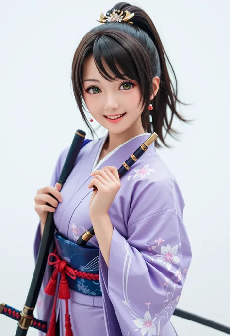 (((masterpiece))),(((highest quality))),White background, Adorable and cute smile, Illustration with a touch of modern Japan, Dynamic pose, Cute and beautiful Japanese like an idol, cowboy shot, , Look at viewer, Stunning face, Brightly lit studio shot sty...