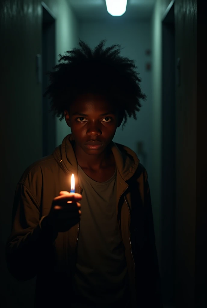 A black teen in a very dark place glowing eyes looking over him with only his lighter to guide him 


