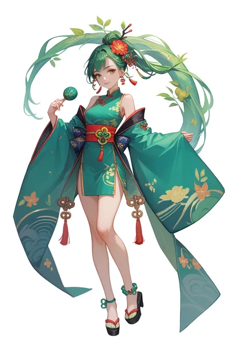 japanese girl, anime girl, chinese jade dragon, white background, full body, green red and white color palette