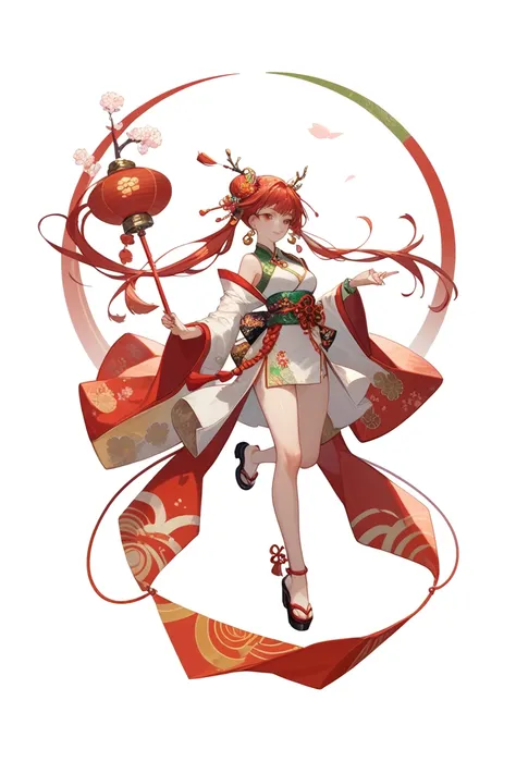 japanese girl, anime girl, chinese jade dragon, white background, full body, dark green red and white color palette