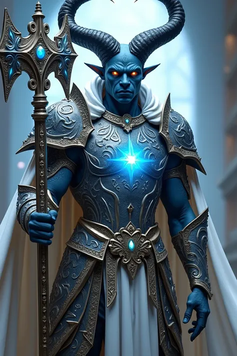 ((best quality)), ((masterpiece)), (detailed), (full body) A majestic tiefling paladin clad in ornate silver armor engraved with intricate celestial patterns, featuring glowing blue gemstones embedded into the armor and weaponry. The paladin has glowing go...