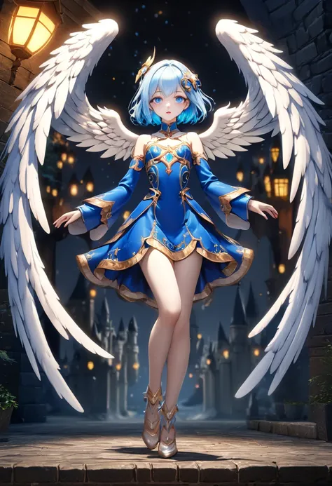 1girl, magical girl, angel wings, beautiful detailed eyes, beautiful detailed lips, extremely detailed face, long eyelashes, slender, small chest, 10s, pale blue hair, medium hair, small wings on back, blue robe, blue eyes, round face, hair accessories wit...