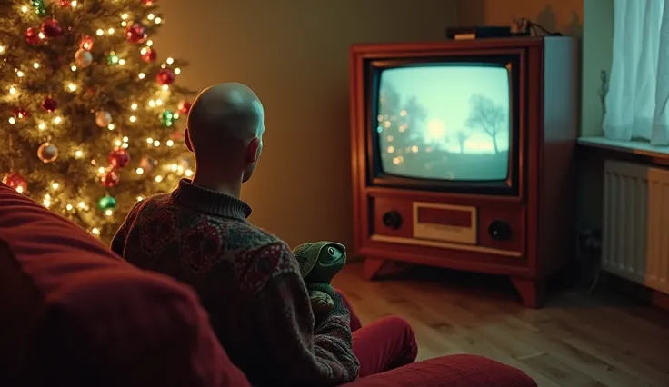 tough guy watching old tv playing under the Christmas tree cinemati cold retro filter with a turtle robot toy adult long stature oval face red pants sweater shaved head gopnik new year christmas old Soviet bad apartment poor ussr cinema 1970s 1960s 35mn pa...