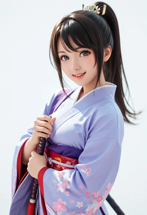 (((masterpiece))),(((highest quality))),White background, Adorable and cute smile, Illustration with a touch of modern Japan, Dynamic pose, Cute and beautiful Japanese like an idol, cowboy shot, knees, Look at viewer, Stunning face, Brightly lit studio sho...