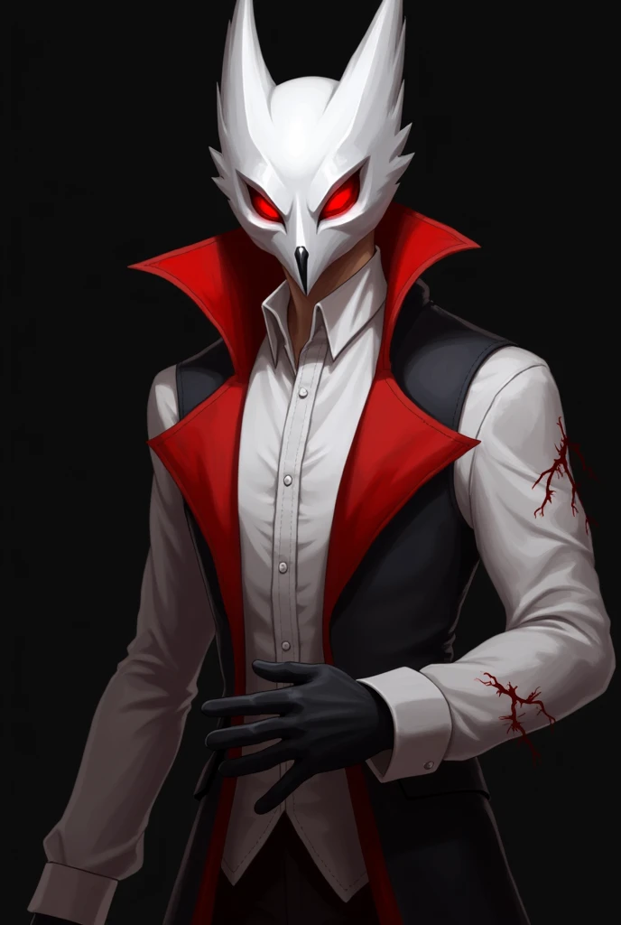 Digital illustration featuring a character with a striking and intense appearance. The character wears a white, owl-like mask with sharp, angular features and glowing red eyes. The mask covers the entire face, leaving no skin visible. The character is dres...