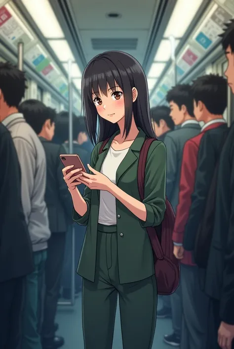 a picture in anime style of a very tall adult asian student on her way to work, she is very tall, she is huge, inside a crowded subway surrounded by shorter adults. She is holding a smartphone in one hand, looking at the screen. Everyone is standing, She i...