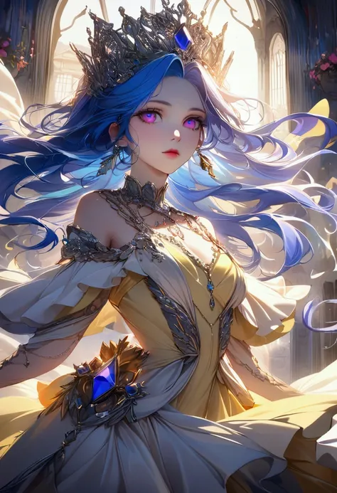 A beautiful young woman with long blue hair, piercing pink eyes, wearing a pale yellow dress with silver accents, dignified royal princess, vibrant colors, award-winning digital art