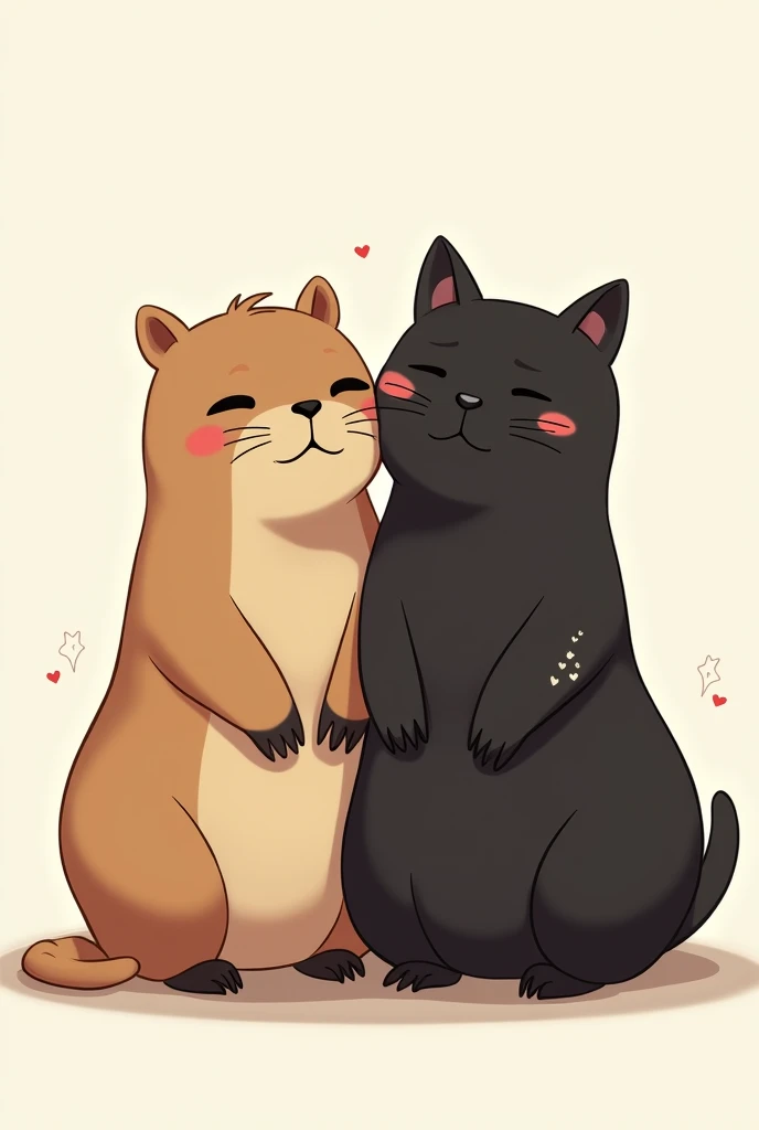  Some friends of years , without romance ,  sitting on their paws, side by side,  capybara and black cat .  Minimalist and tattoo idea.  Realistic and adorable. 