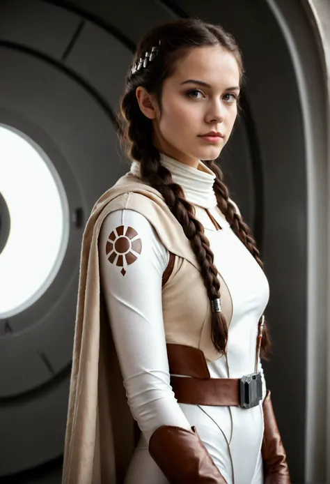 Sexy, Star Wars, Cosplay babe, White Bodysuit, beige boots, beige cloak, Braids, detailed, Photorealistic, high resolution, 8k, photorealistic, hyper detailed, intricate details, dramatic lighting, cinematic composition, on a spaceship