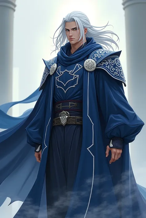 Tall Warrior Man, Shoulder-length white hair, smooth face. Dark blue clothes with white anime details 