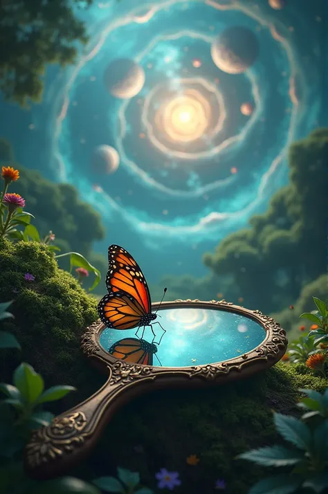  Create a hand mirror on a forest floor ,  with a butterfly on top and a sea of world, without people or hands 